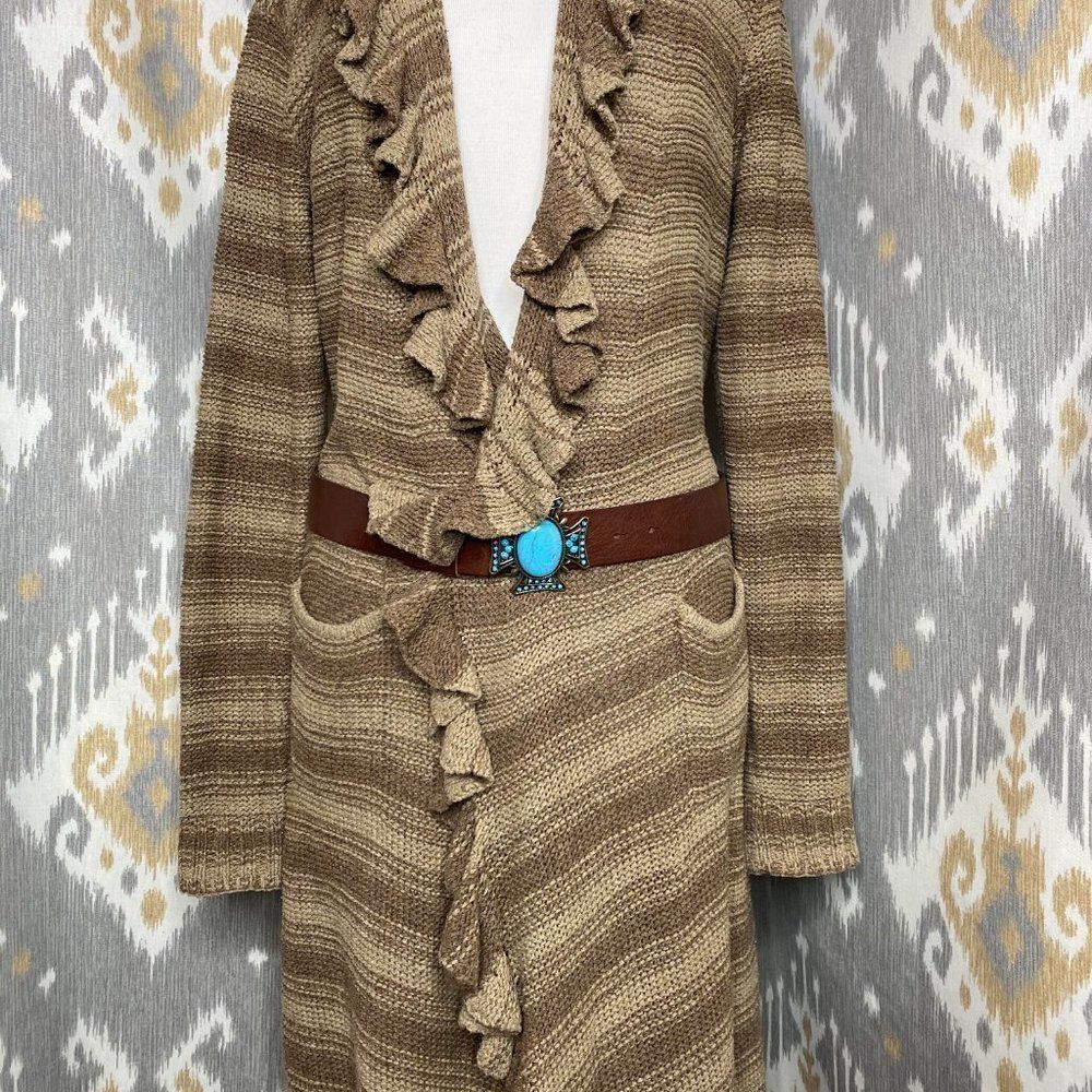 Ralph Lauren Olive Stripe Blanket Stitch Silk Hand Knit Ruffle CardiCoat - Picture 3 of 15